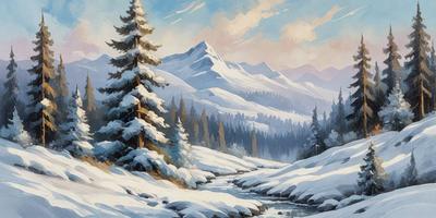 The primary subject of the image is a snow-covered mountain range with a river flowing through it. The setting is a snowy landscape with trees and mountains in the background. The visual style is an illustration or painting, with a focus on the natural elements and the winter atmosphere. The colors and mood are predominantly white and cold, creating a serene and tranquil scene.